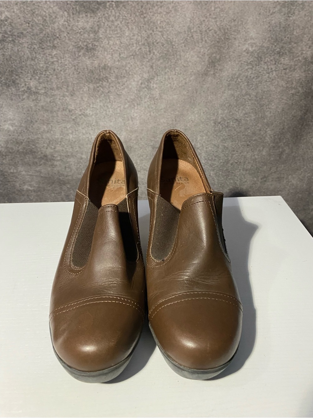 Sanita Danish Design Brown Leather Wedge Clogs Slip-On Shoes Women's Size 6.5–7)